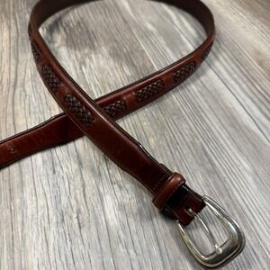 Brighton Brown Leather Woven Inset Americana Western Belt Silver Buckle 42‎